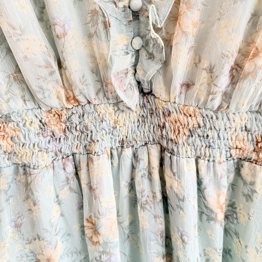 By the River Floral Maxi Dress Medium Blue Ruffle Boho Chiffon Lined Cottagecore - Picture 6 of 11